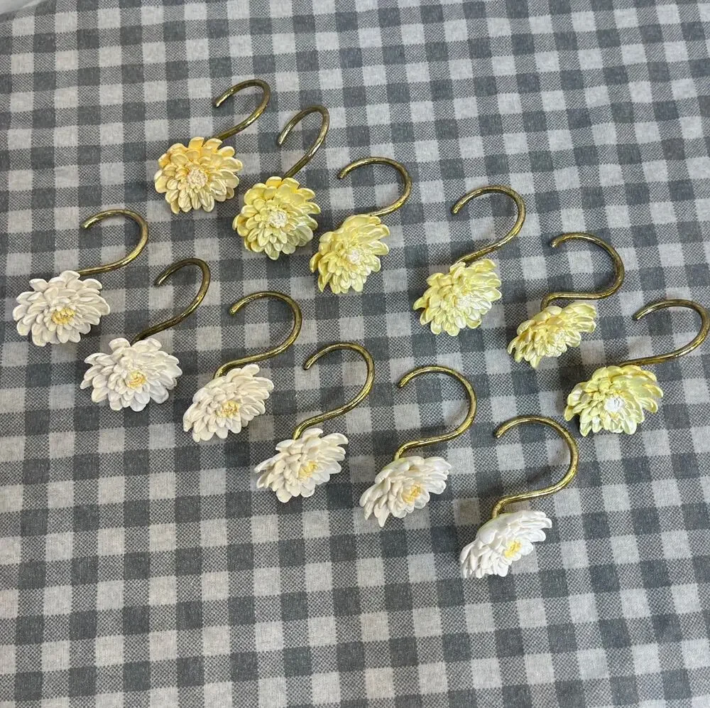 Vintage Shower Curtain Hooks Chrysanthemum Yellow White Brass Tone Set of 12